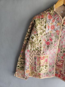 Floral Quilted <b>Jacket</b> Women's <b>Mandarin</b> <b>Collar</b> Full Sleeve Cotton Patch Pocket Autumn Style XL gift for her - Product Image 4
