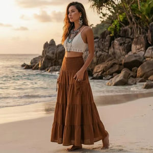 Falda larga bohemia escalonada para mujer, de gasa de algodón orgánico, amplia y fluida, ligera, estilo bohemio, para verano - Product Image 1