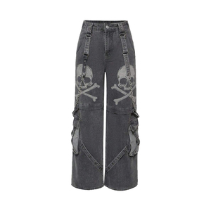 2026 Bestselling Punk Skull Graphic Wide Leg Cargo <b>Pants</b> for Men Gothic Distressed Denim Jeans - Product Image 1