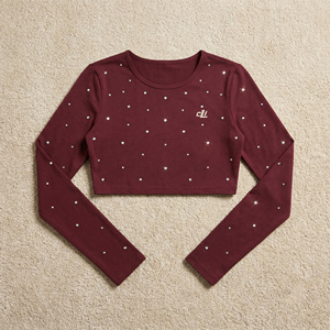 Blusa casual de color liso con pedrería, camiseta de punto de algodón para mujer, top ajustado de manga larga premium. - Product Image 3