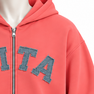 Coral Mens <b>Zip</b> Up <b>Hoodie</b> Heavyweight Cotton Fleece Chenille Letter Applique Oversized Streetwear Sweatshirt with Front <b>Pockets</b> - Product Image 6