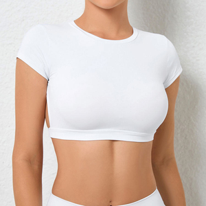 Soutien-gorge de sport sans couture à col rond pour femme, couleur unie, maintien moyen, vêtement de yoga, haut court à manches courtes - Product Image 2