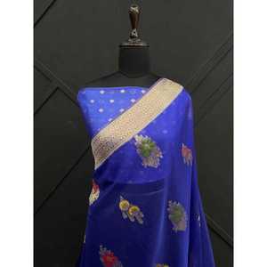 FANCY BANARASI ORGANZA ORO ZARI JACQUARD MEENAKARI TRABAJO DE TEJIDO SAREE CON BLUSA DESCOSTADA AZUL - Product Image 1
