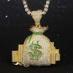 Pendentif Sac d'argent « Trap Wealth » – Pendentif Sac des rêves en Moissanite entièrement sertie – Pendentif Sac de flux de trésorerie en argent 925 brillant style Hip Hop - Product Image 1