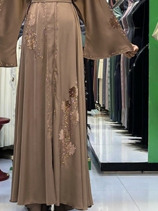 Wholesale Modest Dubai Beaded Sequined <b>Long</b> Sleeve Abaya Muslim Traditional Handmade Wedding Women Breathable V Neck - Product Image 3