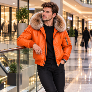 <b>Men's</b> Leather <b>Bomber</b> <b>Jacket</b> with Fur Hood | Giacca <b>Bomber</b> Uomo | Chaqueta Hombre | Blouson Homme | Herren Luxus Lederjacke - Product Image 2