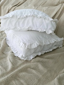 White Square Cushion Cover With Ruffle Edge 100% Linen Envelope Closure Classic Style Home <b>Decor</b> <b>Pillow</b> Case - Product Image 6