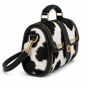 Sac en cuir à imprimé vache avec fermeture à boucle, motif noir et blanc, sac à main à bandoulière - Product Image 2