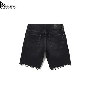 Shorts en jean noir respirant de haute qualité, style streetwear, délavé, déchiré, à cinq poches, taille haute, avec bords effilochés - Product Image 2