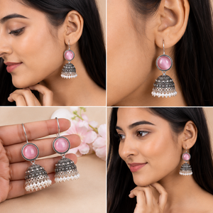 Pendientes Jhumka de Latón Rosa con Piedra Monalisa, Plata Oxidada, Perlas de Imitación Hechas a Mano, Estilo Étnico Indio Bohemia para Boda, Venta al por Mayor - Product Image 2
