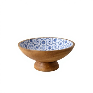 Vajilla de madera de mango con estampado de azulejos azules naturales, tazón con pedestal esmaltado para el hogar y la cocina, mesa ecológica con juegos de cubiertos. - Product Image 1