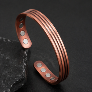 Handcrafted Three Line Solid Copper Wrist Bangle With Magnets Fashionable Metal Jewelry Exquisite Embossed Design - Product Image 4
