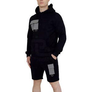 Conjunto de Sudadera con Capucha y Pantalones Cortos Casuales para Hombre, Color Negro Sólido, Manga Corta, 100% Algodón Transpirable, Servicio OEM - Product Image 5