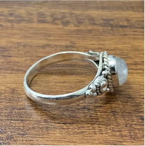 Handcrafted 925 Silver Oval Moonstone Solitaire Ring <b>Beaded</b> Side Accents and <b>Braided</b> Border Statement Bands - Product Image 3