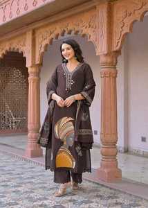 Brown Cotton Ethnic <b>Kurta</b> Palazzo Set with Hand Drawn Print and Dupatta for <b>Women</b> Casual Wear - Product Image 2