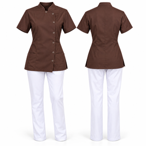 Conjunto de Uniforme Médico Unisex de Manga Corta en Algodón y Poliéster Tejido, Color Marrón, Cuello Alto con Broches y Pantalones Blancos, Uniforme de Hospital - Product Image 1