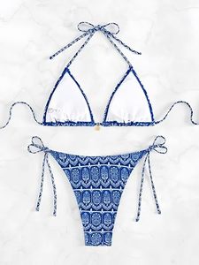 Casual Women's <b>Bikini</b> Set with Halter Neckline Floral Pattern V-<b>String</b> Bottom Spandex/Nylon Fabric 2-Piece Beachwear - Product Image 5