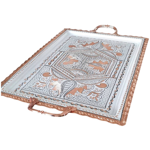 Plateau de service artisanal en cuivre gravé avec poignées en laiton, plateau en métal émaillé bleu luxueux à motifs floraux pour centre de table basse - Product Image 4
