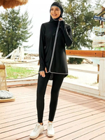 Ensemble de sport modeste personnalisé 2 pièces avec fermeture éclair pour femme, avec poches, ensemble de gym musulman, séchage rapide, UPF50+, vêtements de sport écologiques