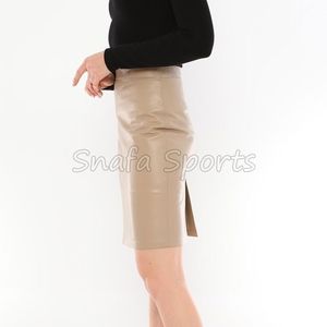 Jupe crayon mini marron en cuir premium pour femme, style vintage, satinée, respirante, écologique, anti-plis, taille haute, coupe ajustée, idéale pour le bureau - Product Image 3