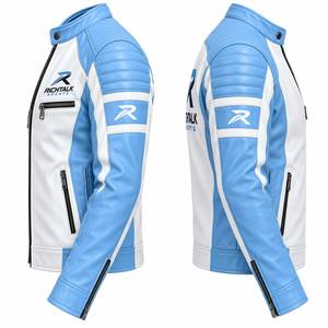 Men's Winter Leather Motorcycle <b>Jacket</b> <b>White</b> Blue Color Blocking Stand Collar Zipper Closure Front Logo Moto <b>Biker</b> Style - Product Image 3