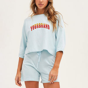 Ensemble court deux pièces pour femmes d'été, 100% coton, t-shirt ample uni et short - Product Image 1