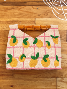Bohemian Beaded <b>Tote</b> <b>Bag</b> Citrus Pattern for Handmade <b>Summer</b> Beach with Bamboo Handle Open Single SATIN Lining - Product Image 1