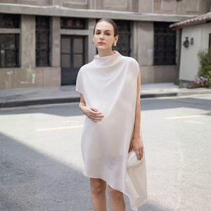 Women's Silk Blend Mini <b>Dress</b> - Turtleneck, Striped Minimalist Design, <b>Loose</b> Fit, Button Front Logo Detail, Summer Casual Style - Product Image 1