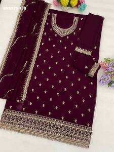 ชุดสูทซัลวาร์ผ้าไหมจอร์เจียต์คุณภาพดีเยี่ยม พร้อมด้วยดิ้นปักลายดิ้นซารีขนาด 3 มม. แบบกึ่งสำเร็จรูป จำหน่ายราคาส่ง - Product Image 3
