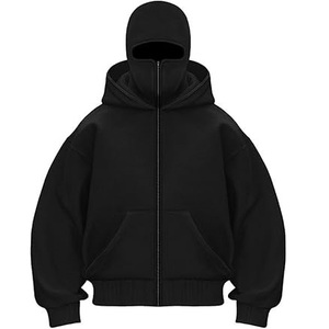 2026 Top Selling Plus Size Zipper Up Hoodie Black Color French Terry Face Cover Ninja Hoodie With Zip Down Shoulder Breathable - Product Image 1