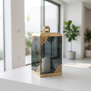 Wholesale <b>Brass</b> Metal Candle <b>Lantern</b> with Black Glass Elegant Style for Home & Patio Decoration - Product Image 1