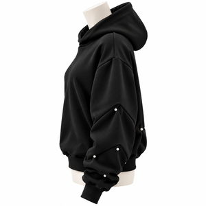 Oversized Pullover Hoodie Pearl Stud Sleeve Details <b>Drop</b> Shoulder Streetwear Fashion Sweatshirt 100% Cotton Fleece Breathable - Product Image 2