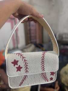 Handmade Embroidered Textile Handbag Rectangular Shape Red <b>Blue</b> Orange Beaded Art Collectible <b>Purse</b> - Product Image 3