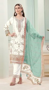 Dhwaja Export <b>White</b> Fox Georgette Semi Stitched <b>Suit</b> With Embroidery Sequence Work - Product Image 3