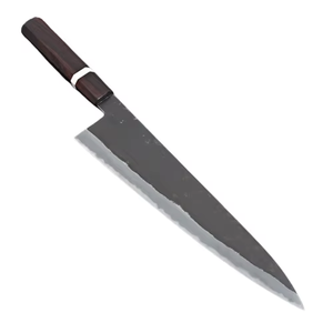 Cuchillo de cocina hecho a mano, extra afilado, de acero de Damasco, con mango de madera y latón, en venta. - Product Image 6