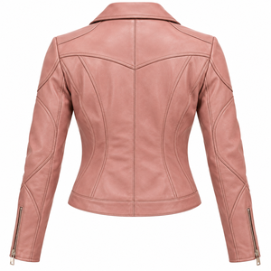 Chaqueta de Cuero Genuino de Cordero Rosa Polvoriento para Mujer, con Cremallera Diagonal, Solapa con Muescas, Ajuste Delgado, Estilo Biker - Product Image 2