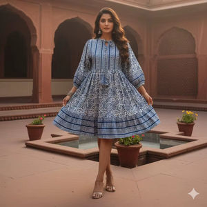 Vestido Corto con Estampado Digital Azul Índigo, Túnica Boho de Verano, Midi de Algodón con Volantes, Ropa Étnica India con Mangas con Volantes para Mujer, Natural - Product Image 1