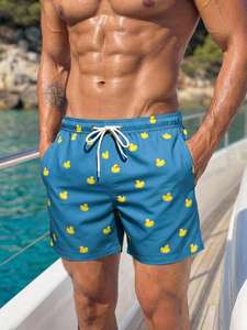 Bañador azul con estampado de pato de dibujos animados para hombre, con cordón en la cintura y bolsillos, pantalones cortos de playa de secado rápido - Product Image 1