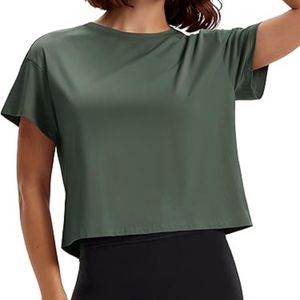 Dark Olive Loose Fit Women Yoga Crop Tops Cotton Blend Easy Care Breathable Wholesale Athletic Garments - Product Image 1