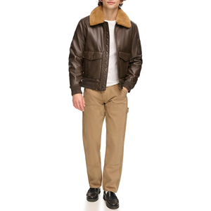 Blouson aviateur en cuir véritable marron pour homme, chaud pour l'hiver, avec col en fourrure sherpa et fermeture éclair - Product Image 1
