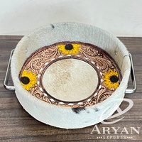 Plateau de service en cuir véritable, cuir de vachette travaillé, avec motif floral tournesol et poignées métalliques, pour la décoration de la maison et les cadeaux