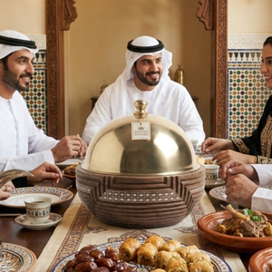 Servidor de Comida Majlis Tallado a Mano en Madera Dura con Tapa de Acero Pulido, Marquetería Geométrica de Perlas, Moderno, Recubierto de Esmalte y Aislado - Product Image 5