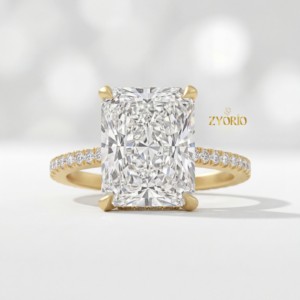 Anillo de Compromiso de Lujo con Diamante Cultivado en Laboratorio, Corte Radiante, Engaste Pavé, Chapado en Oro de 14K, Regalo de Aniversario de Bodas para Mujer, a la Moda - Product Image 6