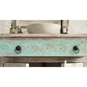 ตู้สไตล์อินเดียแบบดั้งเดิม ตกแต่งลายแกะสลักแบบเรียบง่าย สำหรับห้องนั่งเล่น พร้อมตู้ลิ้นชักสองบาน ตู้บุฟเฟ่ต์ ลุคธรรมชาติ - Product Image 2