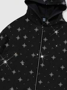 Sudadera con capucha de algodón polar extragrande con cremallera para hombre, con pedrería de estrella negra, estilo urbano, peso pesado, transpirable, para invierno, OEM, marca privada - Product Image 5