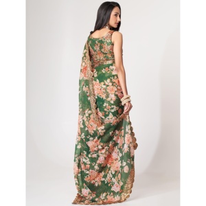 Saree attrayant à imprimé floral vert en organza avec chemisier - Product Image 5