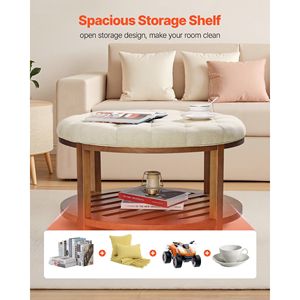 Tavolino da Caffè in Legno Massello da 31,9 Pollici con Poggiapiedi Imbottito in Lino, Grande Tavolino con Ripiano Portaoggetti - Product Image 6