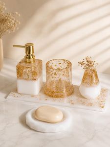 Factory Price Luxury Resin Four-piece Classic Easy Clean <b>Bathroom</b> <b>Accessories</b> <b>Set</b> Gold Foil Soap Dispenser Toothbrush Holder - Product Image 6