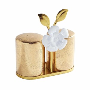 Elegante Juego de Salero y Pimentero Dorado, Hermético, Ecológico, Apto para Lavavajillas, con Decoración de Flores Blancas, Recipientes de Metal y Vidrio - Product Image 1