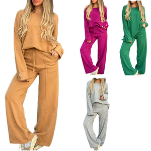 Ensemble décontracté 2 pièces tricoté pour femme – Pull sans col à manches longues et pantalon large coupe droite – Couleur unie – Hiver – Écoresponsable - Product Image 2